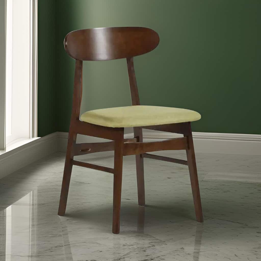 Bev 20 Inch Set of 2 Dining Chairs, Green Cushions, Dark Brown Rubberwood