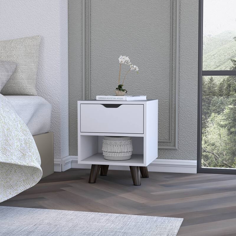 19 Inch Wood Nightstand with Storage Drawer and Open Shelf Bedside Table for Small Spaces