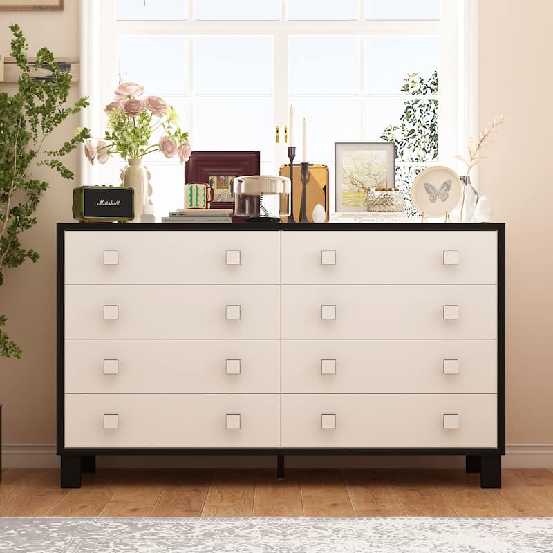 63" Modern 8 Drawer Dresser, Black & White Double Wide Bedroom Storage Chest
