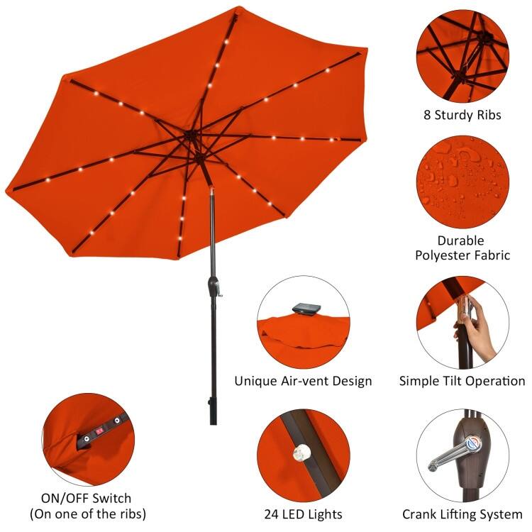 10' Solar LED Lighted Patio Market Umbrella Shade Tilt Adjustment Crank