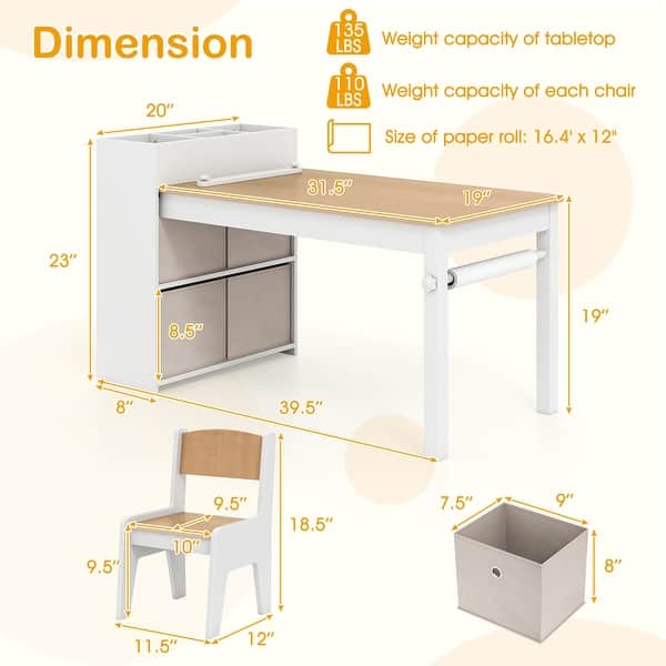 dimension image slide 0 of 3, Costway Kids Art Table & Chairs Set with Paper Roll Wooden Craft Study - See Details