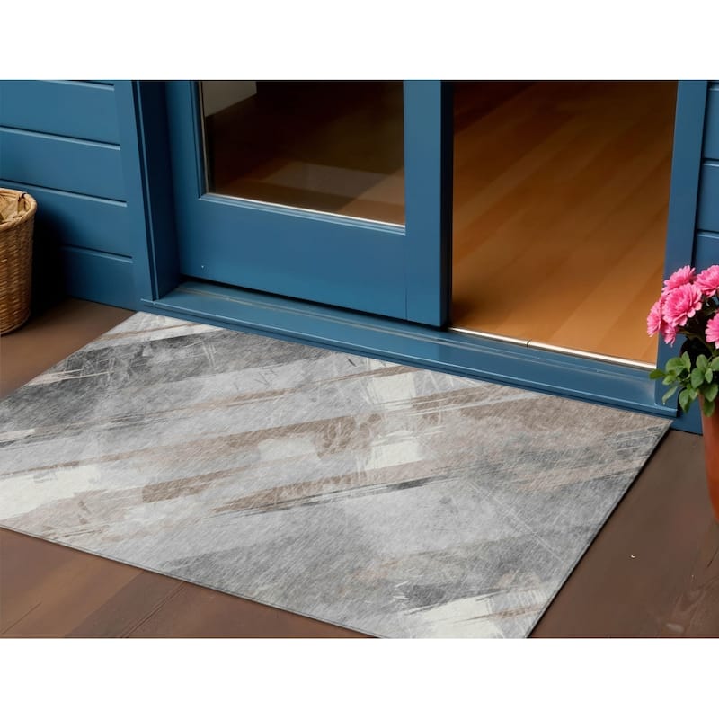 HomeRoots Striped Transitional Rectangle Outdoor Rug - Taupe/Ivory - 3' x 5'