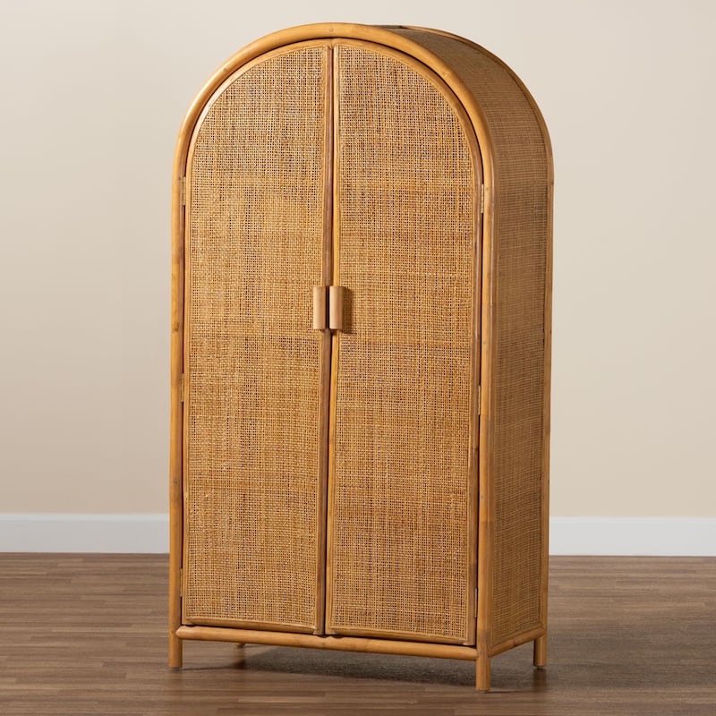 Paloma Arched Rattan Accent Cabinet with Shelves - Handwoven Cane Unit with Door, Boho Chic Furniture for Living Room