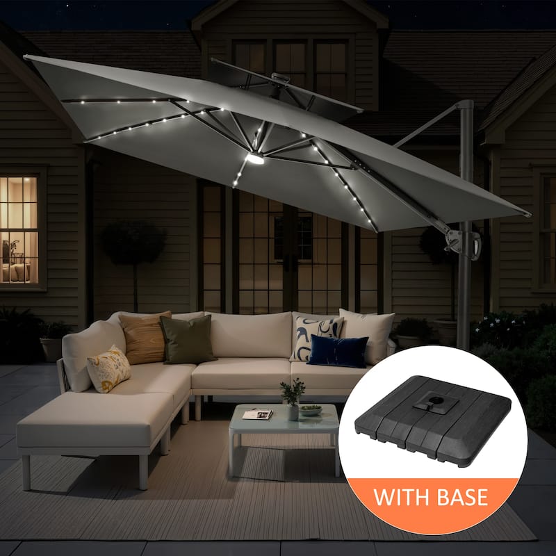 12 x 9 FT Outdoor Patio Aluminum Cantilever Umbrella with Solar Lights Double Canopy with Base - DarkGrey