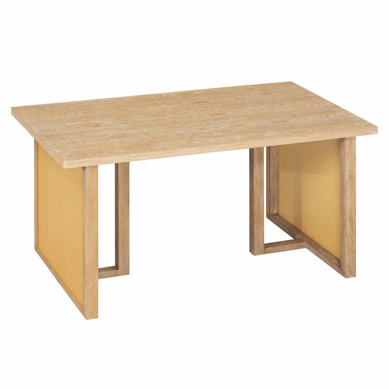 7-Piece Farmhouse Dining Table Set for 6 - 59.8" Rectangular Table with Distressed Oak Veneer & 6 Rattan Chairs