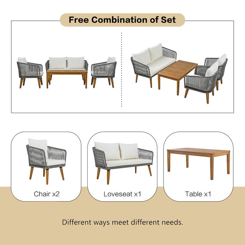 4-Piece Outdoor Patio Solid Wood Conversation Sofa Set with Coffee Table