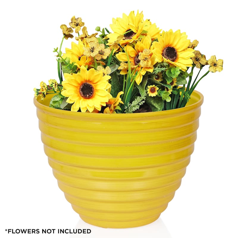 12" Yellow Ribbed Plastic Planter