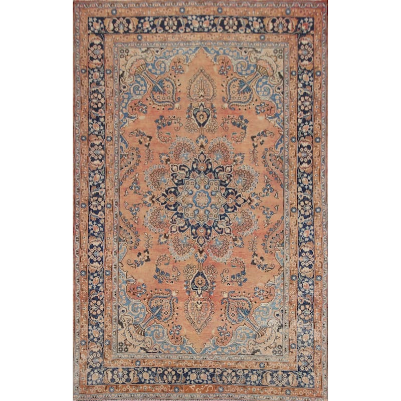 Hand Knotted Oriental 100% Wool Carpet Traditional Floral Oranges & Rust Mashad Area Rug - 9' 7'' X 6' 6''