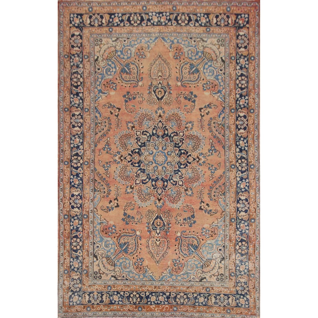Hand Knotted Oriental 100% Wool Carpet Traditional Floral Oranges & Rust Mashad Area Rug - 9' 7'' X 6' 6''