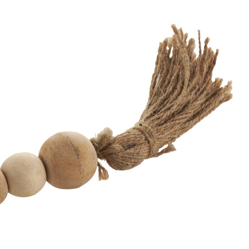 Brown Mango Wood Handmade Round Double Layered Long Carved Beaded Garland with Tassel with Black and Cream Accents