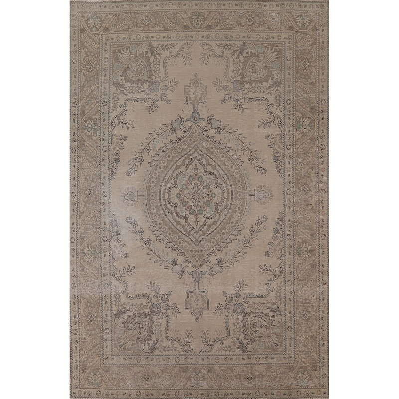 Distressed Tabriz Persian Vintage Area Rug Handmade Beige Wool Carpet - 6'7" x 9'4"