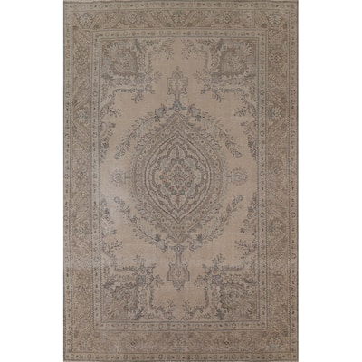 Distressed Tabriz Persian Vintage Area Rug Handmade Beige Wool Carpet - 6'7" x 9'4"