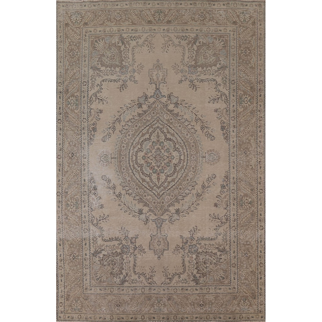 Distressed Tabriz Persian Vintage Area Rug Handmade Beige Wool Carpet - 6'7" x 9'4"