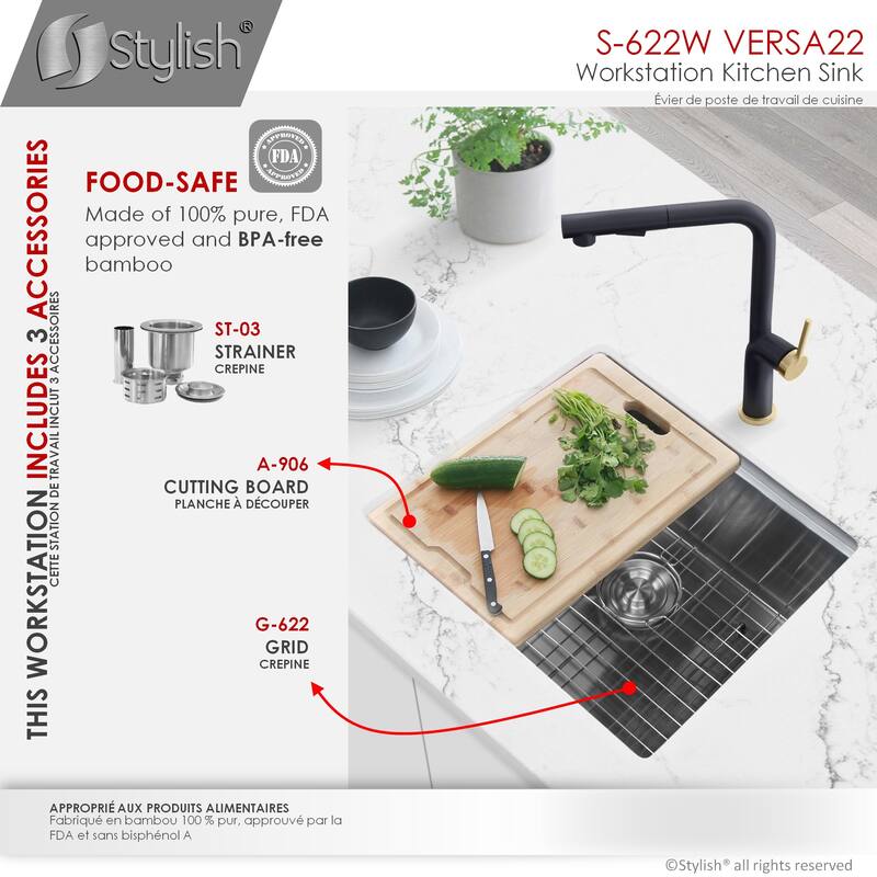 STYLISH 22 inches Workstation Single Bowl Undermount 16 Gauge Stainless Steel Kitchen Sink with Built in Accessories Handmade