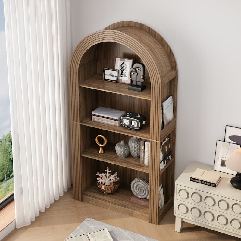 78.74" Mid-Century Modern 4-Tier Tall Arched Storage Bookcase with Open Display Shelf