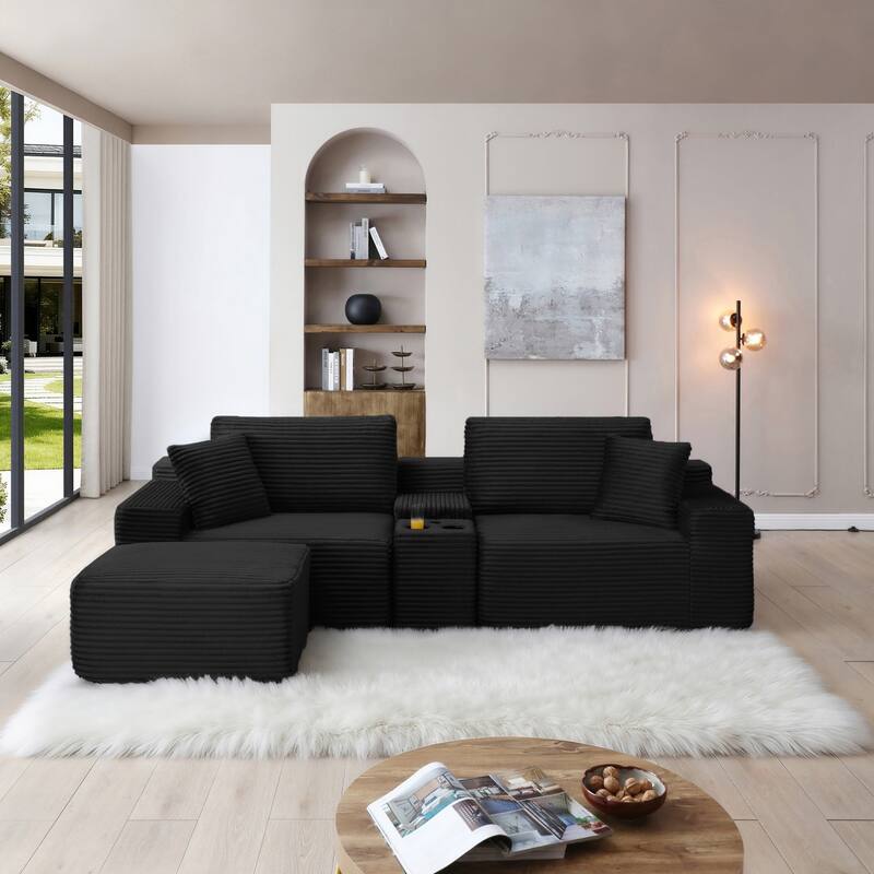 111" L-Shaped Corduroy Boneless Sectional Sofa with Ottoman