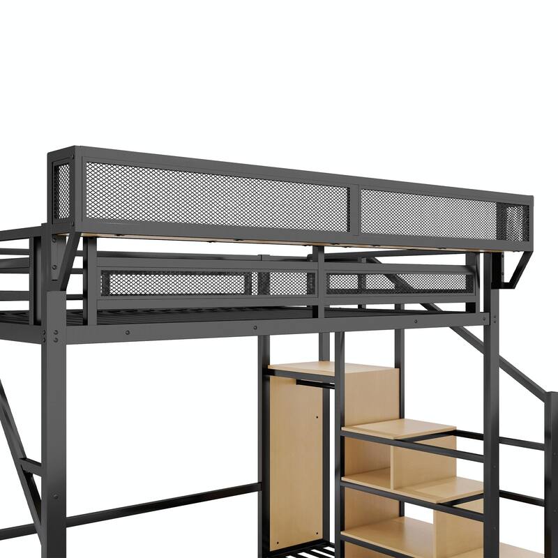 Loft Bed with Stairs, Metal Queen Loft Bed with Storage Shelves, High Loft Bed with Wardrobe