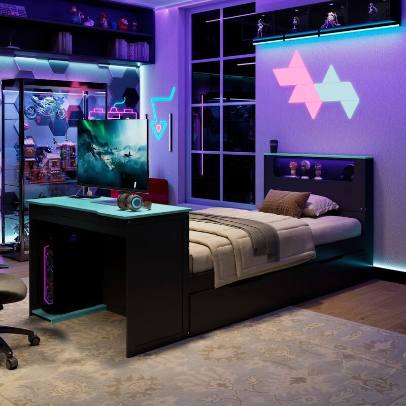 Wood Daybed with Trundle & Built-in Desk, LED Lights & USB Charging Port, Available in Full or Twin