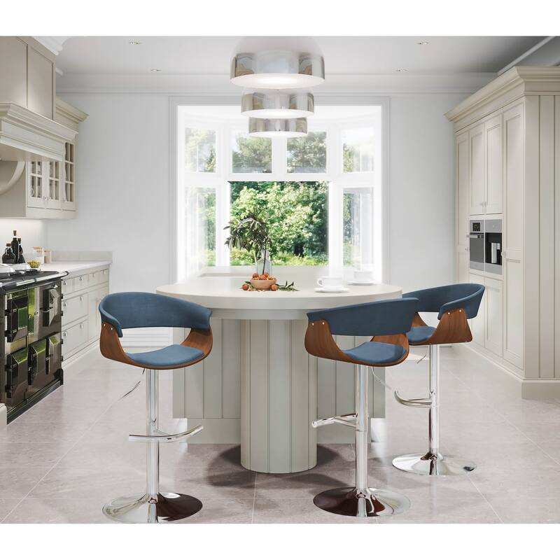Carson Carrington Samantha Adjustable Bar Stool with Rounded T Footrest (Set of 3) - Blue Fabric/Walnut/Chrome