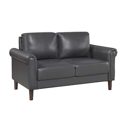 Lo Loveseat w Rolled Arms, Midcentury Dark Gray Faux Leather 57 Inch