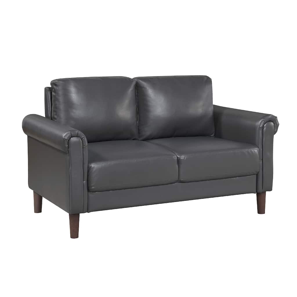 Lo Loveseat w Rolled Arms, Midcentury Dark Gray Faux Leather 57 Inch