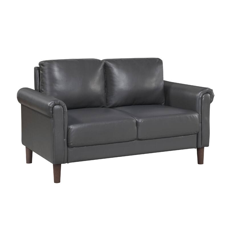 Lo Loveseat w Rolled Arms, Midcentury Dark Gray Faux Leather 57 Inch