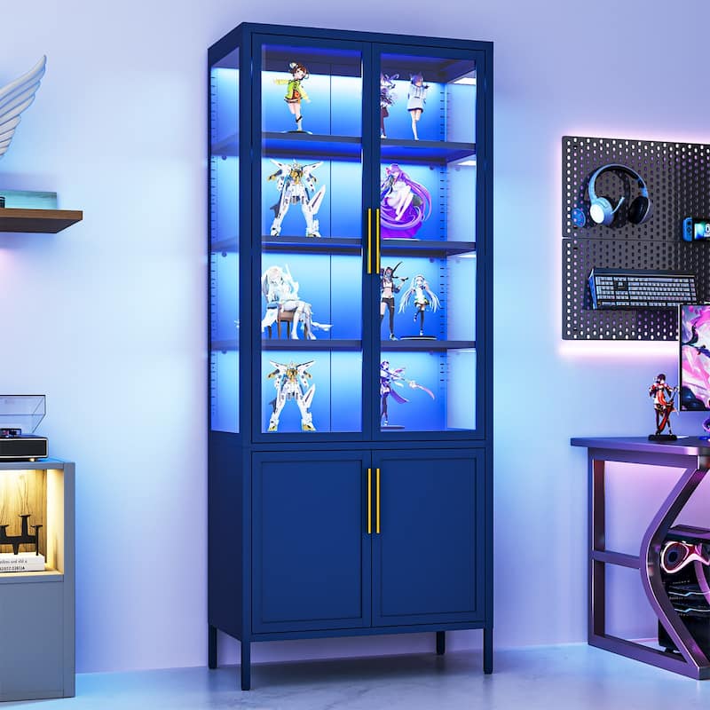 6-Tier Tempered Glass Curio Display Cabinet with 4 Doors, Adjustable Shelves, 13 Color Lights