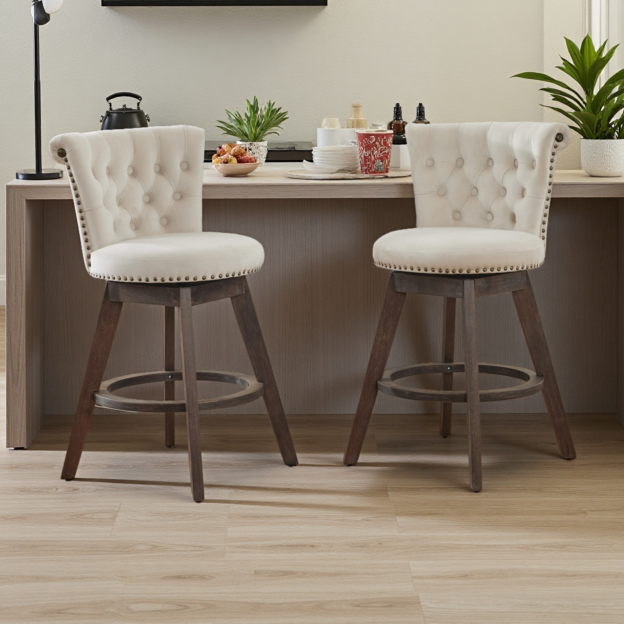 35.8"H Set of 2 Velvet Swivel Bar Stools with Hand-Tufted Button Trim, 360° Rotation, Upholstered Seat & Back, Wooden Legs