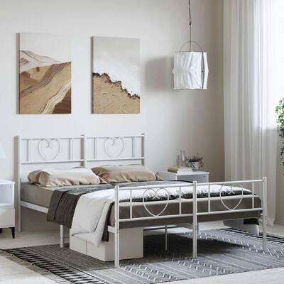 vidaXL Queen Metal Bed Frame with Headboard, White, No Mattress - 81.5" x 61.4" x 35.4"