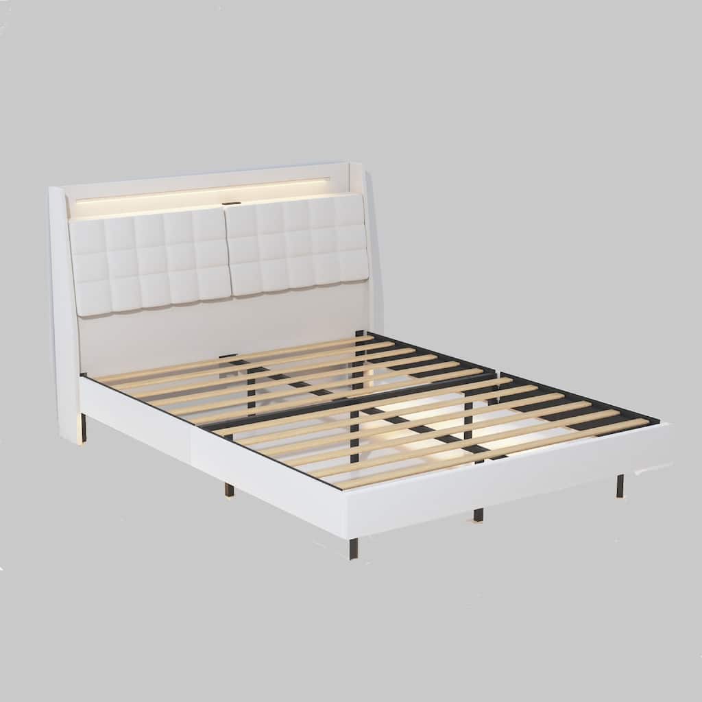 Modern Queen Size Floating Bed Frame with RGB LED Lights, Charging Ports, and Hidden Storage
