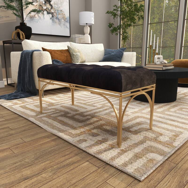 White, Black or Gray Velvet Tufted Home Bench with Gold Metal Legs