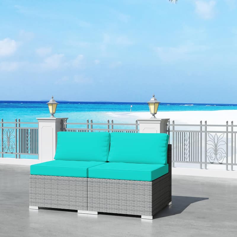 2-Piece Wicker Outdoor Patio Rattan Furniture Sectional Conversation Set with Cushion - Turquoise