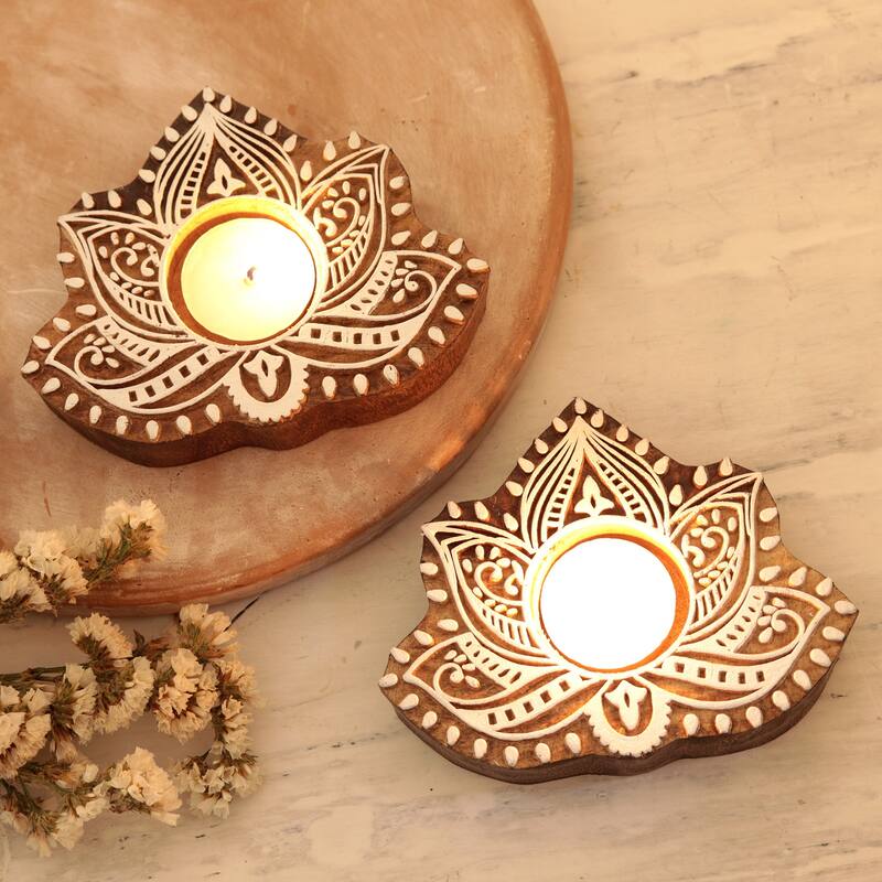 Novica Handmade Kindled Lotus Wood Tealight Candle Holders (Pair)