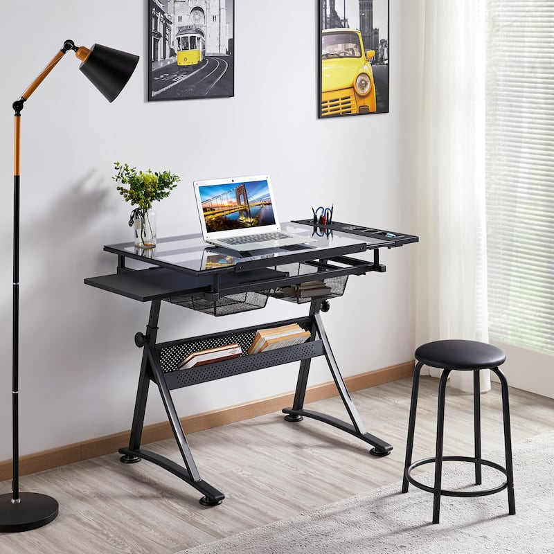 Yaheetech Height Adjustable Glass Drafting Table & Stool Set with 2 Drawers, Black - Black