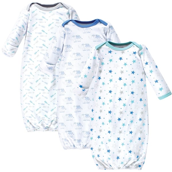 slide 1 of 1, Luvable Friends Baby Boy Cotton Long-Sleeve Gowns 3pk, Boy Elephant Stars 0-6 Months - Boy Elephant Stars