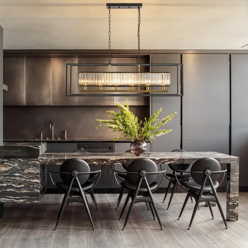 6-Light Modern Black & Gold Rectangular Crystal Large Chandelier for Dining Room Table - 39.37 in. W x 11.02 in. H x 11.81 in. D