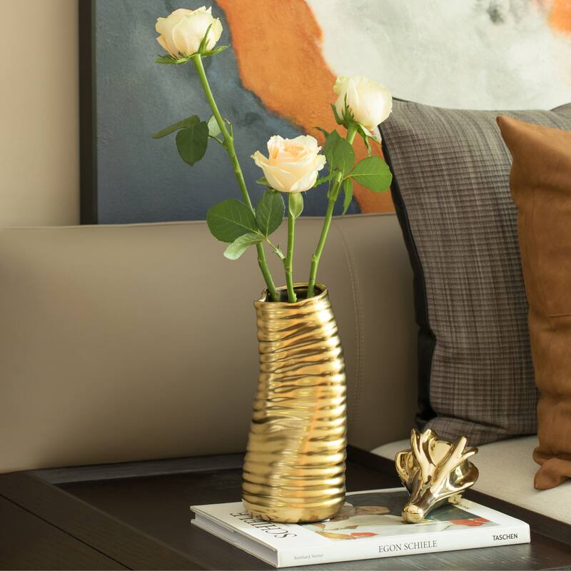 9-Inch Tall Ceramic Bent Melted Modern Style Sculpture Table Centerpiece Flower Vase, a Unique and Decorative Vase Gold Finish