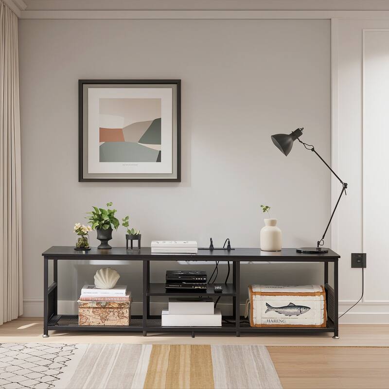 VECELO 55 Inch Black TV Stand TV Media Console Table Entertainment Center with Power Outlets and Open Storage Shelves