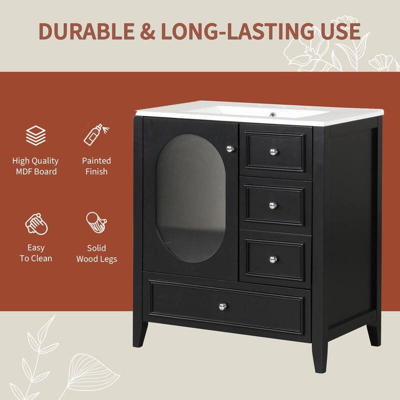 30" Stylish Bathroom Vanity with Sink, Bathroom Storage Cabinet with 3 Drawers, Solid Wood Frame and Glass Door