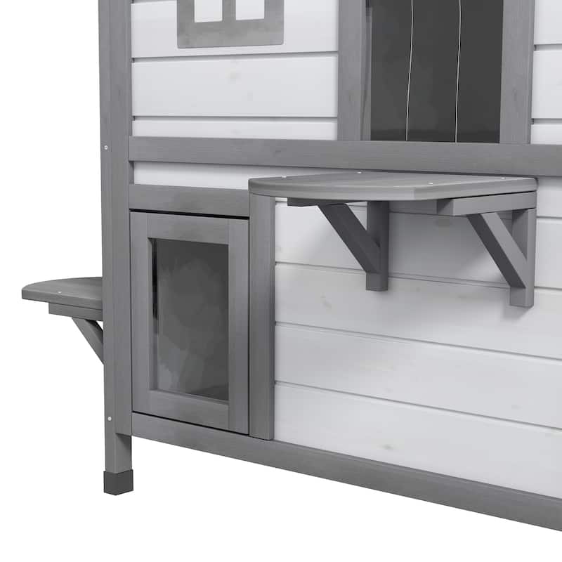 PawHut Fir Wood 2-Story Outdoor Cat House, Wooden Feral Cat Shelter with Openable Asphalt Roof for Indoor/Outdoor, White / Grey