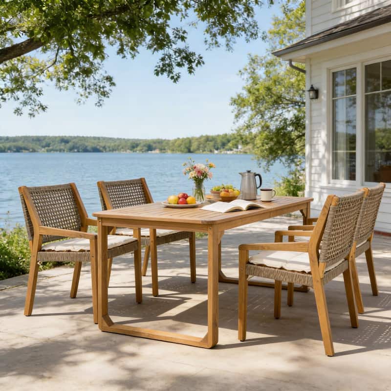 Christopher Knight Home - Ronan Outdoor Acacia Wood Dining Set with Wicker Back Chairs & Curved Leg Dining Table, Teak Finish - 5-Piece Set-Brown+Cream