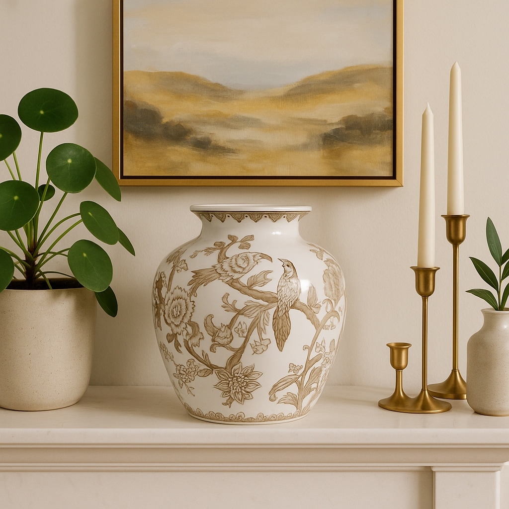 Decorative Ceramic Chinoiserie Flower Vase - White & Brown, 10"