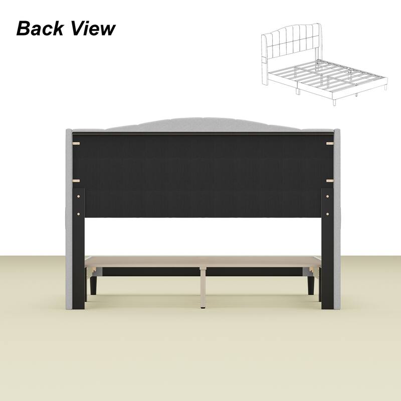 Upholstered Platform Bed Frame with Wingback Headboard and Wooden Slats