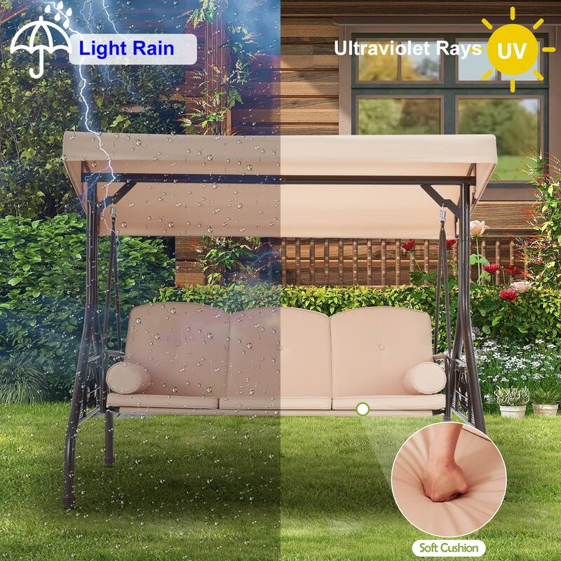 3-Seat Outdoor Porch Swing with Adjustable Canopy & Stand, Convertible Bed, All-Weather, Thickened Cushions & Cup Holders
