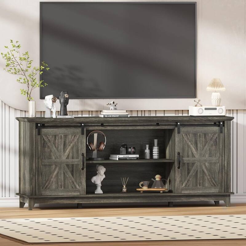 66" Farmhouse TV Stand, Entertainment Center with Adjustable Shelf - N/A - Oak