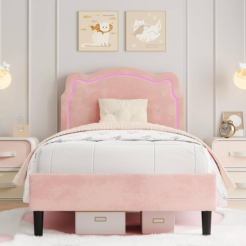 Twin Size Upholstered LED Velvet Platform Bed Frame with Bear-Shaped Headboard