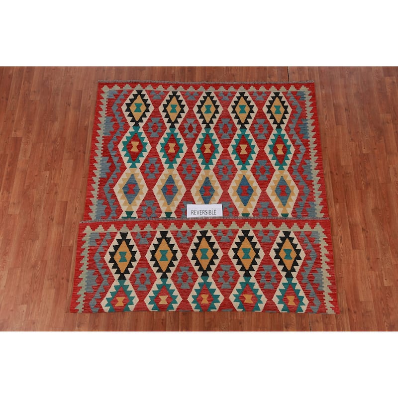 Hand Woven Oriental 100% Wool Carpet Southwestern Geometric Multi-Colored Kilim Area Rug - 8' 4'' X 5' 6''