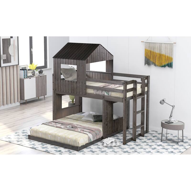 L-Shaped Bunk Bed Playhouse Wooden Twin Over Full House Bed, Loft Bed with Ladder and Guardrails for Bedroom Kids Play & Sleep