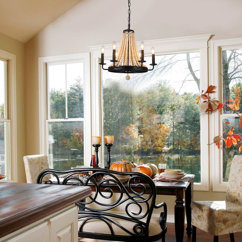 6-Light Farmhouse Chandelier, Round Wagon Wheel Chandelier for Dining Room Kitchen Bedroom Foyer