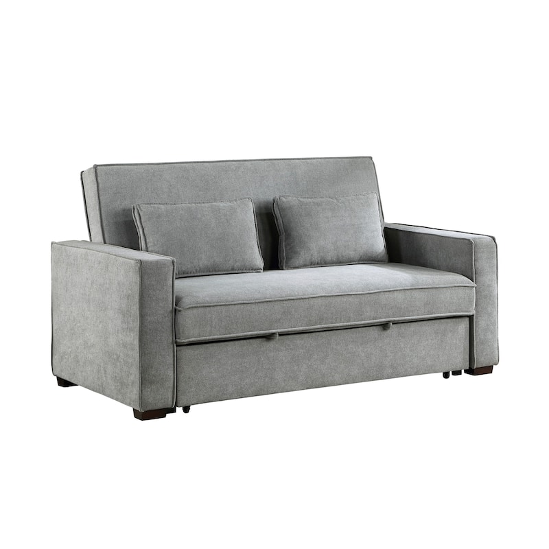 Malti 77 Inch Sofa with Pull Out Bed, Gray Polyester, 2 Pillows, Solid Wood